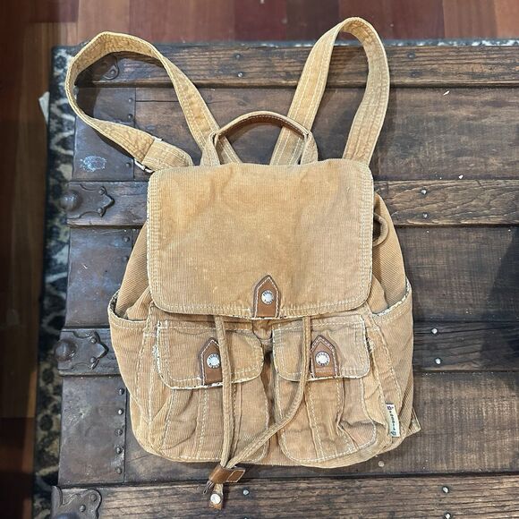 Vintage Fossil Y2K Tan Small Corduroy Backpack Floral Lining - Picture 1 of 5